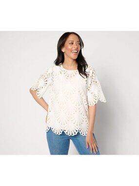 BEAUTIFUL by Lawrence Zarian Women Top Sz M Eyelet Knit Tank White A647086